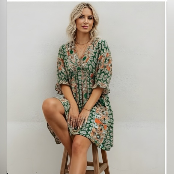Boho Print Tie Back Dress - Picture 2 of 7